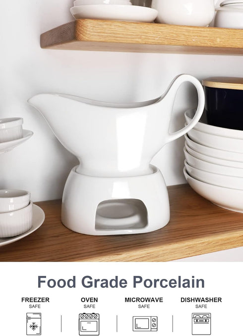 Nucookery Large Classic Gravy Boat with Warmer, 17 Oz, White Fine Porcelain, Microwave & Freezer Safe