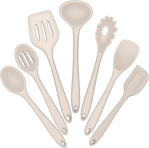 E-far 7-Piece Silicone Cooking Utensils Set, Khaki Heat Resistant Nonstick Tools for Kitchen, Dishwasher Safe