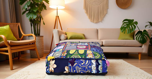 16x16x5 inches, CRAFT KALA Indian Square Patchwork Traditional Pouf Cover Indian Living Room Poufs Decorative