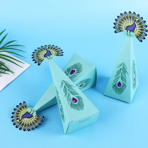 JKJF 20 Pcs Peacock Candy Boxes, Triangle Shape Party Supplies for Wedding, Kids Birthday Decorations