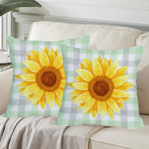 2 Pack Waterproof Sunflower Pillow Covers, 16x16 Inch Green Buffalo Plaid Yellow Floral Throw Cases for Outdoor Decor