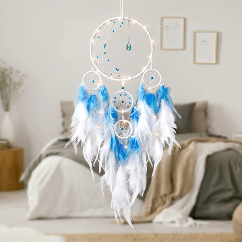 KHOYIME LED Light Up Dream Catcher Half Circle Moon Decor with Lights, Handmade Feather Dreamcatchers for Bedroom (Blue)