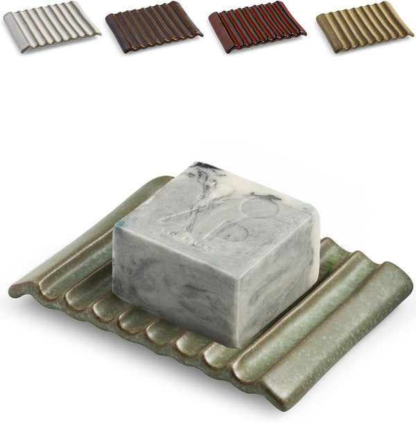 Soap Holder, Ceramic Soap Dish, Non-Slip Bathroom Accessories for Soap, Sponges, Scrubber, Razor, Green