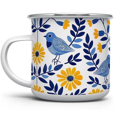 Camping Coffee Mug Floral Bird Enamel, Nature Flowers Botanical Gift Cup for Women, Mom, Friend (12oz)