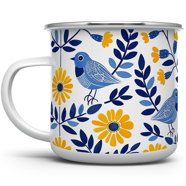Camping Coffee Mug Floral Bird Enamel, Nature Flowers Botanical Gift Cup for Women, Mom, Friend (12oz)