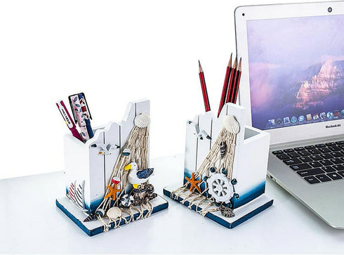 Nautical Wooden Pen Holder, Handcrafted Ocean Beach Theme Makeup Brush Organizer