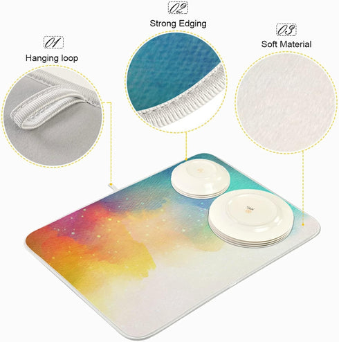 Watercolor Pattern Dish Drying Mat for Kitchen Counter, 18" x 16" Microfiber Absorbent Drying Pad, Heat-resistant