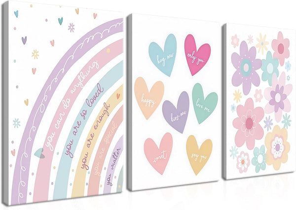 3 Pieces Nursery Boho Wall Art, Framed Cartoon Rainbow Canvas Prints, Colorful