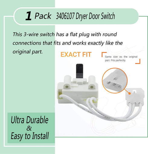 3406107 Dryer Door Switch Replacement - Fits Whirlpool, KM & Maytag Dryers, Replaces Part # 3405100, 3406101