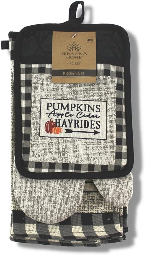 Serafina Home Farmhouse Black White Check Kitchen Towels and Pot Holder Set, Country Pumpkin Apple Cider Invitation