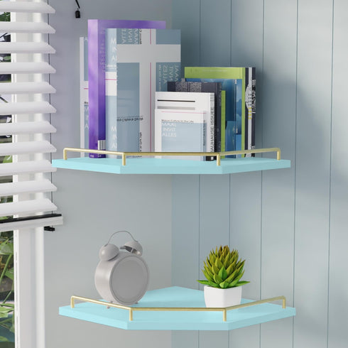 2-Tier 9.5-inch Tirzah Blue Wall Mount Corner Shelf with Gold Metal Guardrail, Diamond-Shaped Wood Corner Floating