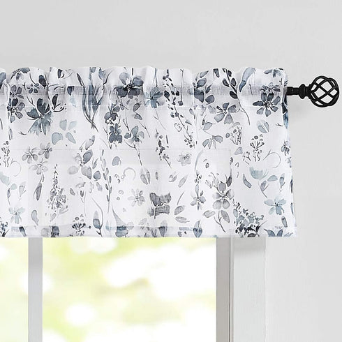 Set 3 Set 36 inch Fragrantex Blue and Grey Floral Sheer Kitchen Curtains and Valances for Cafe Piece Watercolor Flower
