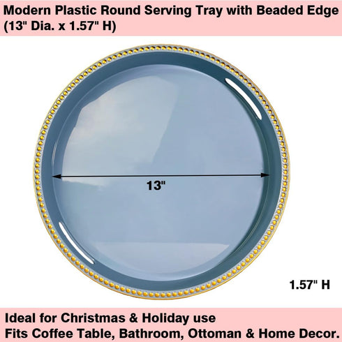 Counter, Room,(13") Blue Decorative Tray for Coffee Table, Round Beaded Plastic Serving Tray forKitchen Ottoman, Living