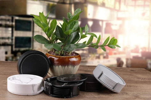 6 Pieces Grey Coasters for Drinks with Holder, Round Cup Mat Pad Protects Furniture from Coffee or Tea Marks