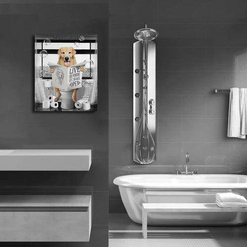 Golden Retriever Canvas Wall Art, Black and White Funny Dog Sitting in Toilet Painting for Bathroom