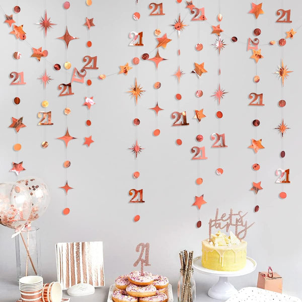 Rose Gold Number 21 Circle Dot Twinkle Star Garland Kit for Girls 21st Birthday Decoration, Metallic Hanging Streamer