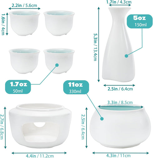 Set Set, 7 Set 1 1 1 4 Foraineam White Ceramic Sake with Warmer Pot, Japanese Style Porcelain Hot Saki Drink Bottle