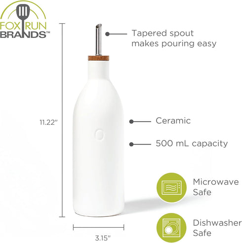 17 oz/500 ML Fox Run White Ceramic Oil Bottle, Olive Oil Dispenser With Pouring Spout and Cap