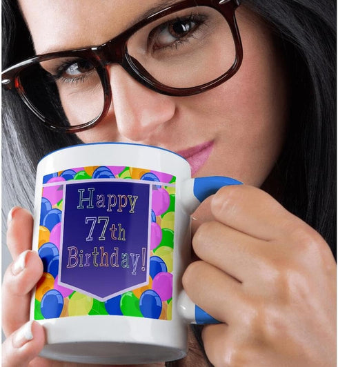 3dRose Balloons With Purple Banner Happy 77th Birthday Two Tone Mug, 11 oz, Blue