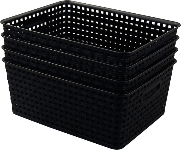 Asking 4-Pack Plastic Weave Storage Basket, Black Plastic Organizing Baskets