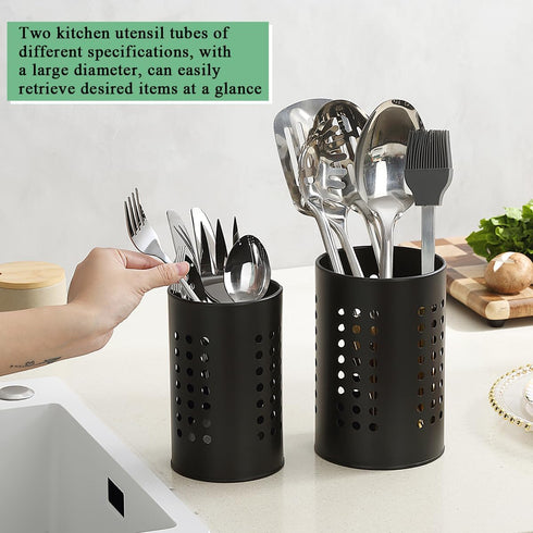 Berglander Kitchen Utensils Holder, 2 Pieces Black Stainless Steel Cutlery Holder for Countertop