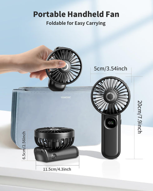 Handheld Fan, Foldable Portable Mini Fan with LED Display, 3000mAh Battery Operated for Travel, Black