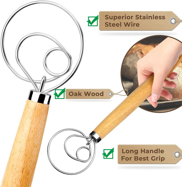 Danish Dough Whisk Bread Mixer, 2 Pack Premium Stainless Steel Dutch Whisk with Dough Scraper for Baking
