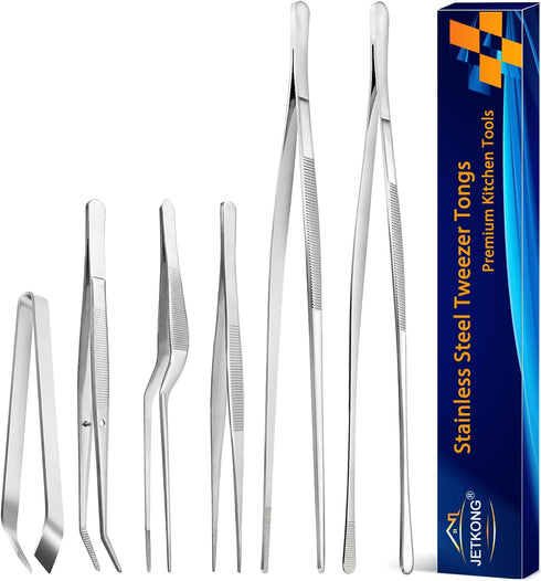 JETKONG 6 Pcs Cooking Tweezer Tongs, 12'' and 6.3" Stainless Steel Set for Cooking, BBQ, Multi-use