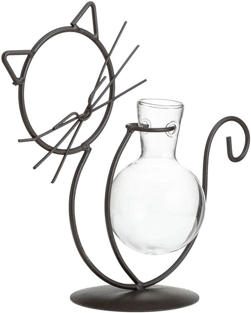 TJ Global Cat Glass Planter Vase Holder, Plant Terrarium, Propagation Station, Metal Stand for Hydroponics Plants Home