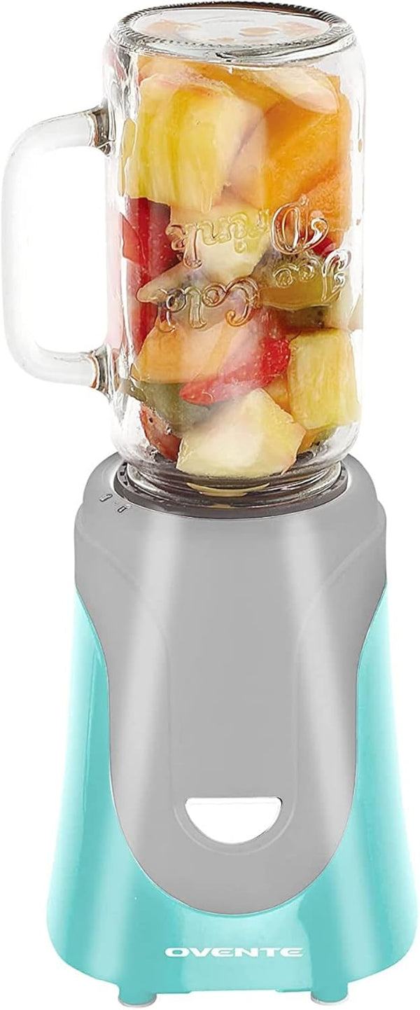 OVENTE Electric Personal Portable Blender, 18 Ounce Drink Mixer with Glass Jar and Stainless Steel Blades (Turquoise)
