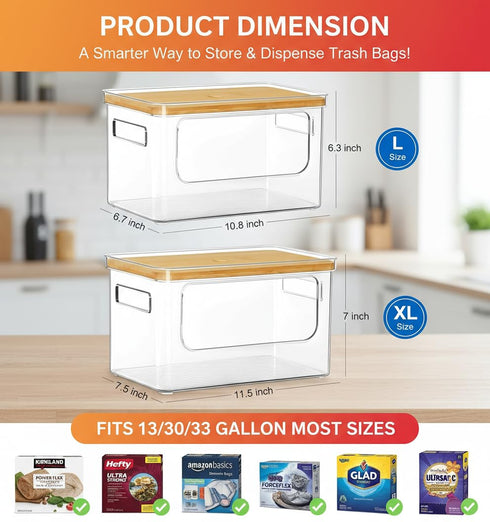 2 Pack 13-33 Stackable Trash Bag Dispenser with Wooden Top for Large & Extra-Large Rolls Garbage Bag Holder for Gallon