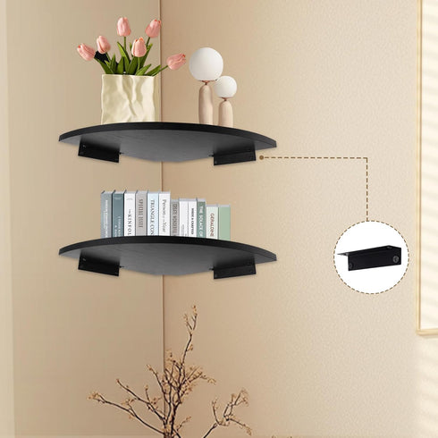 JJL 12-Inch Set 2 Corner Shelf Wall Mounted, Sector Wood Floating Corner Shelves with Wire Hole, of Circular arc Corner