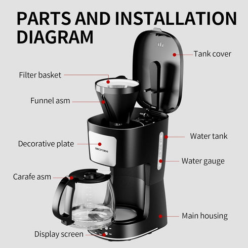 12-Cup Filter,Programmable Drip Coffee Maker with Reusable Clock,Auto Brew,Water Window,Keep Hot Plate,Glass