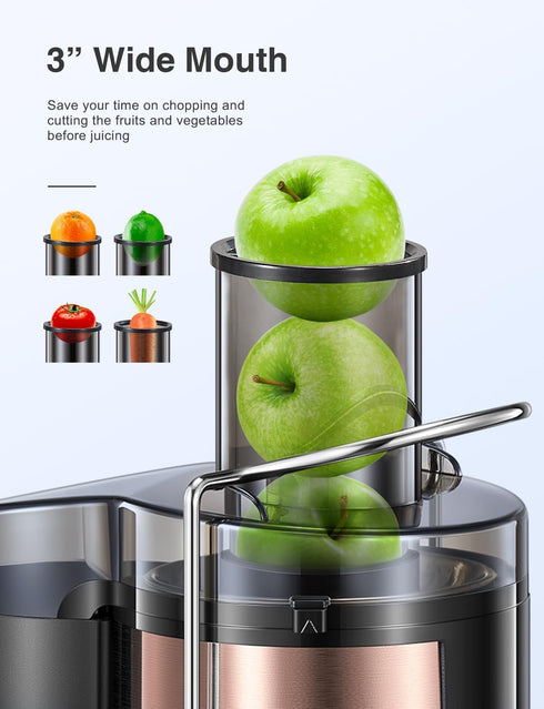 QCen Juicer Machine, 500W Centrifugal Juicer Extractor with 3” Wide Mouth Feed Chute, Stainless Steel, BPA-free (Rose