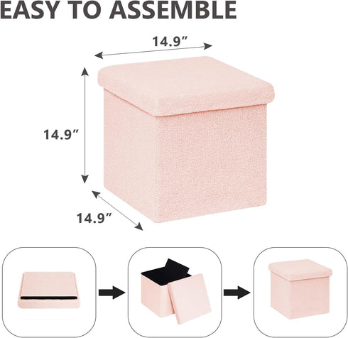 15in Small Storage Ottoman Foldable Sherpa Top Storage Bench,Foot Rest/Step Stool for Bedroom Dorm Entryway, Space