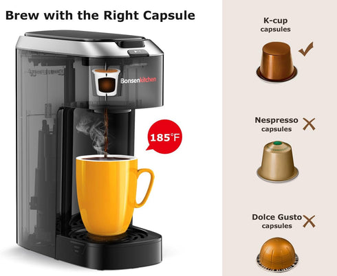 6-14oz 3 6.6" Bonsenkitchen Single Serve Coffee Maker K Cup Pod with Brew Size- Min Fast Brewing Machine with Strength