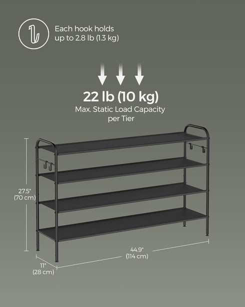 4-Tier 4 24 Closet, SONGMICS Shoe Rack, Shoe Organizer, Fabric Shoe Shelf Storage with Hooks, Holds up to Pairs
