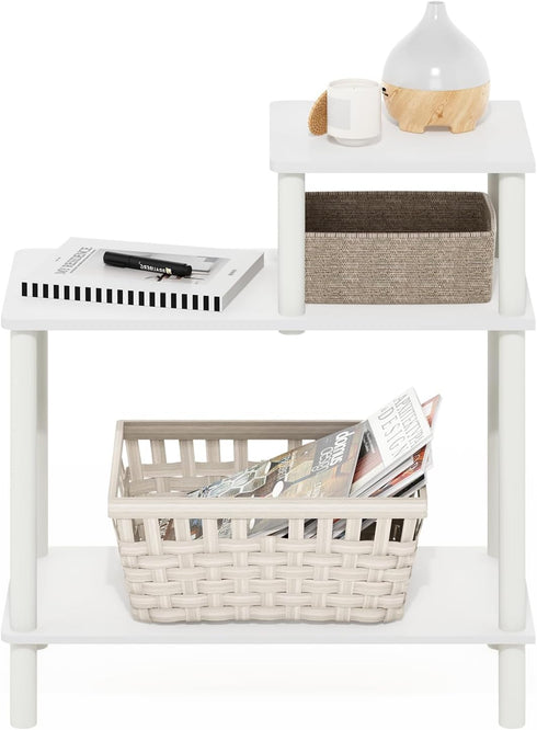 3-Tier Furinno Turn-N-Tube Side Table, Rectangle Sofa End Table with Open Shelf, Toolless Assembly Night Stand, Bedside