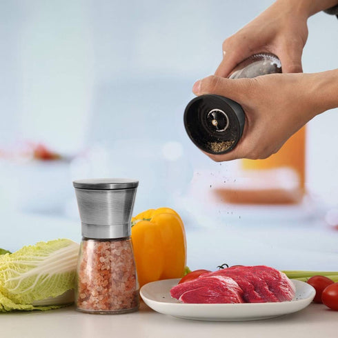 Stainless Steel Pepper Mill Shaker and Salt Grinders, Adjustable Salt and Pepper Mill Lid - Easy to Use, Stainless