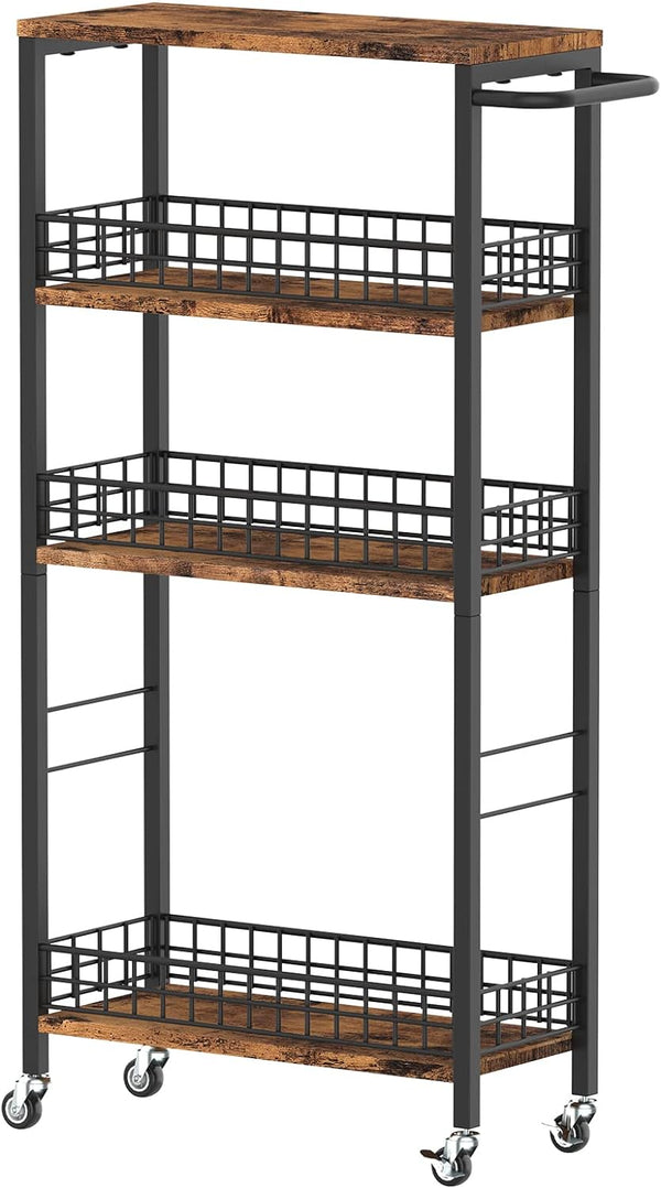 Slim Rolling Storage Cart, 4 Tier Kitchen Utility Cart with Wheels, Narrow Bathroom Shelving Unit, Brown