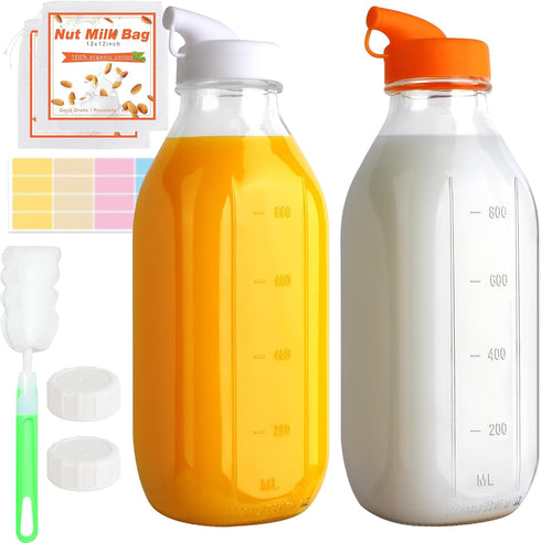 CARBLIN 32 Oz Glass Milk Bottles, 2 Pack Scale Mark Drinking Jug with