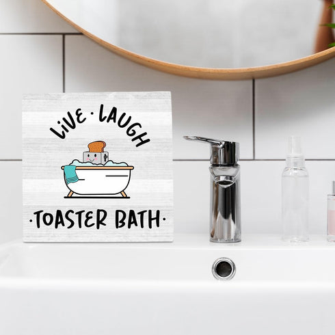 Live Laugh Toaster Bath Sign, Funny Bathroom Decor, Gift for Dark Humor Lover, Wooden Sign 5 x 5 inch