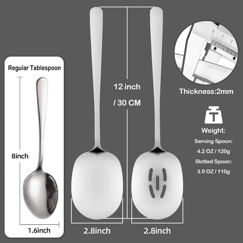 X-Large Serving Spoons Set, 12 Inch Slotted Spoon and Serving Spoon, Premium Spoons Silverware, Cooking Spoon, Pasta Spoon, Mixing Spoon, Foodgrade 18/8 Stainless Steel, Pack of 2