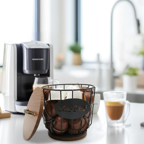 Round Coffee Pods Holder with Wooden Lid and Base,Wire Coffee Pods Storage Basket for Home Cafe Bar Countertop Decor(Black)