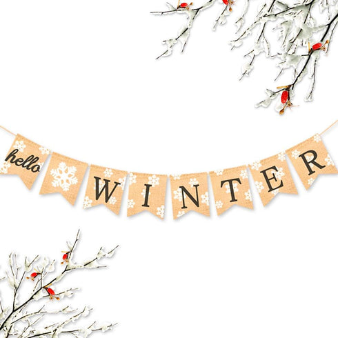 Burlap Hello Winter Banner, Snowflake Winter Holiday Bunting Garland Decoration