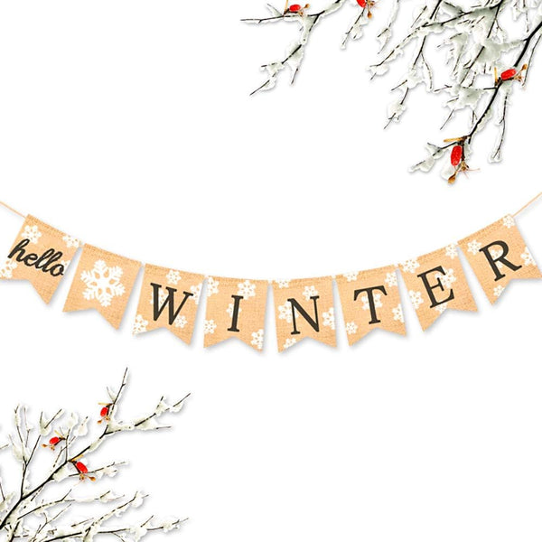 Burlap Hello Winter Banner, Snowflake Winter Holiday Bunting Garland Decoration