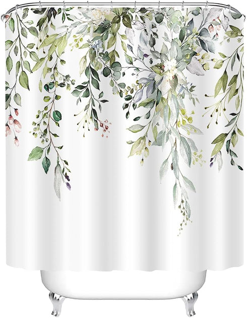 Tititex Sage Green Eucalyptus Shower Curtain, Watercolor Leaves Plant Design, 72x72 Inch with Hooks for Bathroom