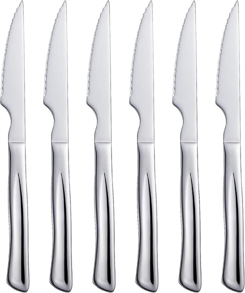Silver Steak Knife Set, 6 Piece Stainless Steel Kitchen Utility Knives, 8.7-inch Serrated Dinner Knives