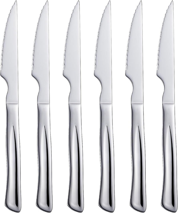 Silver Steak Knife Set, 6 Piece Stainless Steel Kitchen Utility Knives, 8.7-inch Serrated Dinner Knives