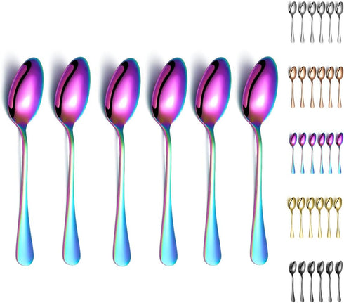 Kyraton Rainbow Dinner Spoons, 6 Pieces 7.5" Stainless Steel Table Spoons with Colorful Titanium Plating